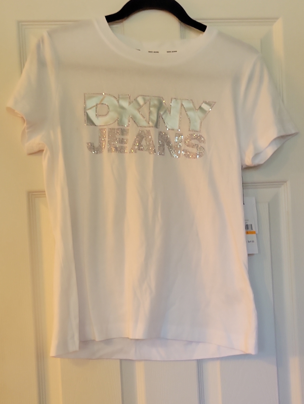 DKNY White Short Sleeve Tee with Silver Sequin Logo